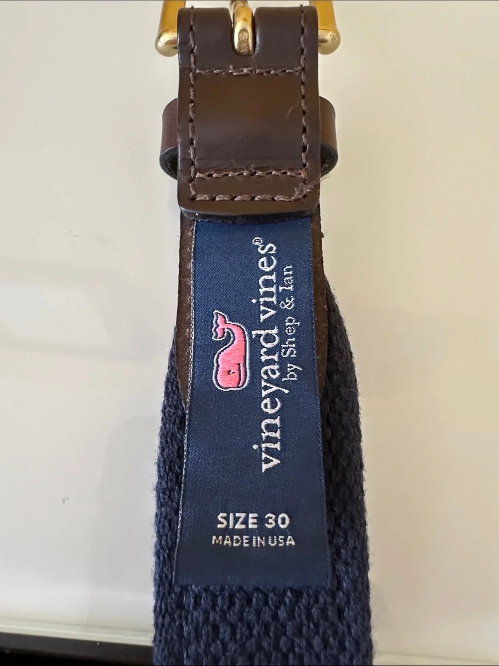 Vineyard Vines Navy Whale-Print Webbing Belt with Brown Leather Trim Size 30
